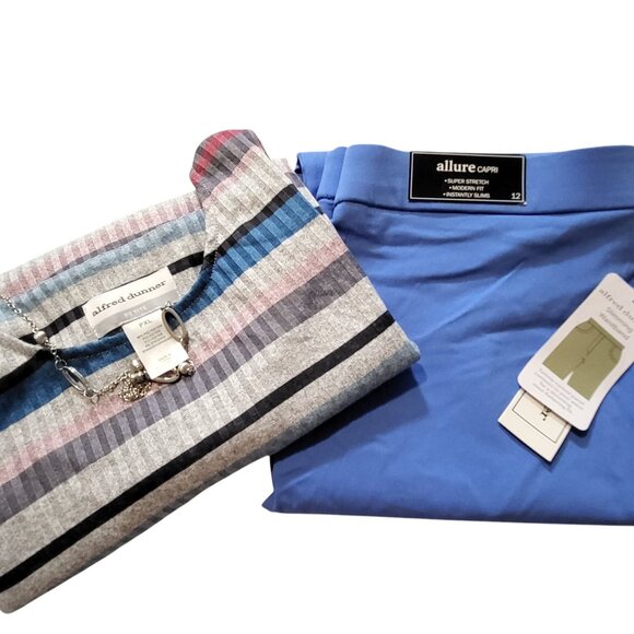 Alfred Dunner set Capri pants size 12 women/blouse with silver necklace light bl - Picture 6 of 6